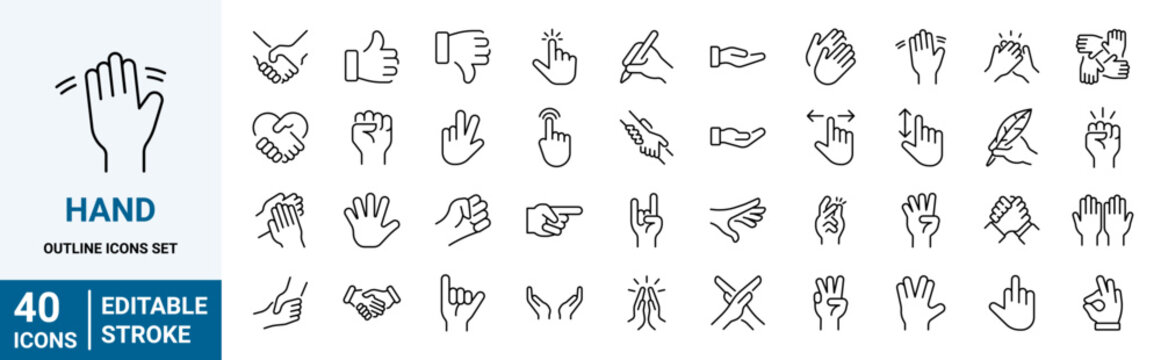 Set of 40 outline icons related to hand. Linear icon collection. Editable stroke. Vector illustration
