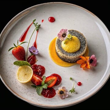 An elegant gourmet dessert beautifully plated with fresh berries, citrus, and artistic decoration delivers a premium fine dining experience perfect for culinary, restaurant, and luxury lifestyle conce