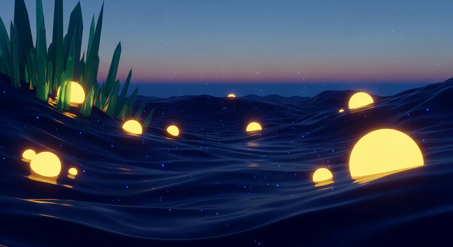 Ethereal night scene with glowing orbs in dark blue water and tall green foliage, suggesting magic and wonder