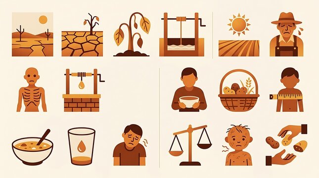 Drought and famine flat icon set for hunger and water scarcity