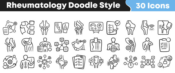 Naklejka premium Set of thirty hand drawn rheumatology icons for medical design projects
