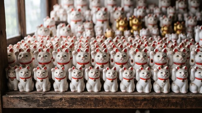 Rows of maneki neko cat figurines arranged on wooden shelf inside shop or temple, traditional lucky charms lined up in neat repetition and display