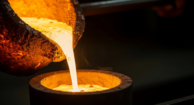Molten metal pouring from a crucible into a mold, representing creation, transformation, and industrial process, showcasing raw material in intense heat