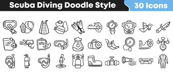 Set of black and white hand drawn scuba diving icons © Vectoravec