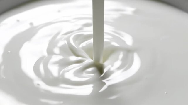 Creamy Milk Pouring Close-up Macro Shot of Fresh White Liquid Splashing and Creating Ripples ideal for Dairy Product Advertising and Healthy Breakfast Concepts.