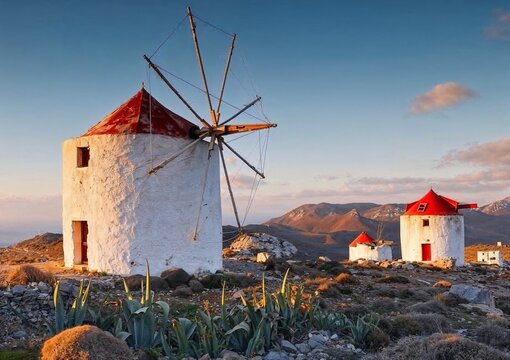 A classic white windmill overlooking the sparkling Aegean Sea under a colorful sunset sky. An iconic symbol of Greek islands, culture, architecture, and Mediterranean charm.
