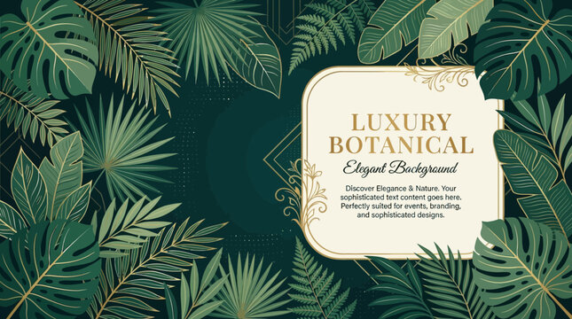 Flat vector luxury botanical background, tropical leaves and elegant copy space


