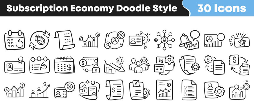 Hand drawn collection of thirty subscription economy business doodle icons