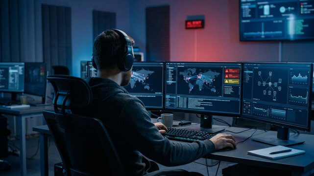 Cybersecurity analyst monitoring digital network screens