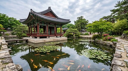 Fototapeta premium Traditional wooden pavilion beside koi pond with water lilies and carp visible in calm reflective surface within manicured garden landscape under cloudy sky