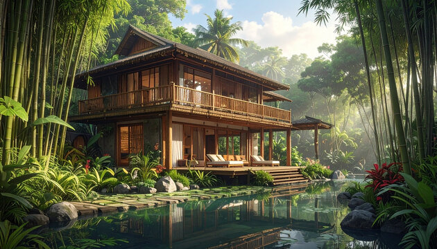 Luxury tropical wooden house with pool and garden