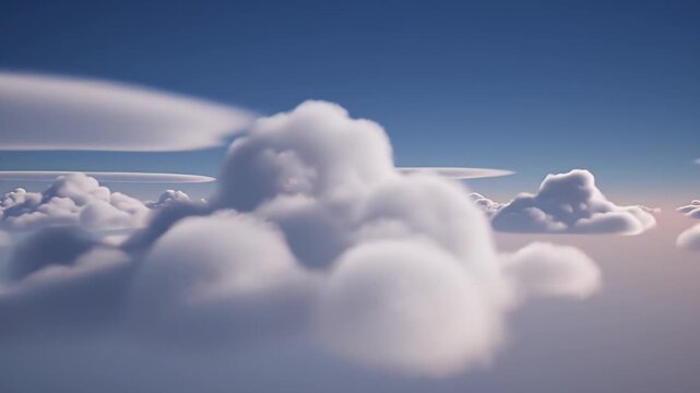 Fluffy white clouds floating in a clear blue sky, a serene view from above
