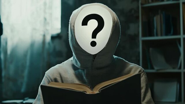 Person's face blurred with question mark, reading dark room, suspenseful mood