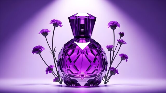 Purple perfume glass bottle with decorative flowers against soft purple lighting