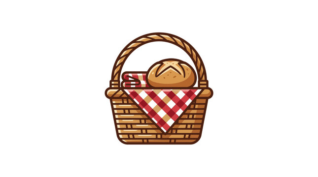 A charming cartoon illustration of a traditional picnic basket filled with a fresh loaf of bread and a red checkered blanket, ready for an outdoor meal.