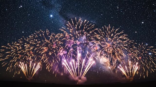 Fireworks exploding under a starry Milky Way night sky