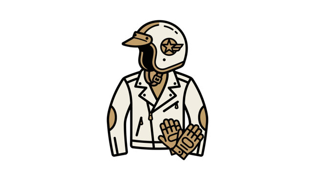 Stylized illustration of a person wearing a white motorcycle helmet, leather jacket, and gloves.