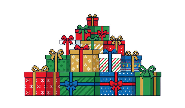 Christmas gift boxes stack with colorful ribbons and bows flat vector illustration isolated on white background