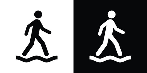 Stick figure walking on water or wavy line icon vector. Minimalist b&w sign of person balancing on wave. © bibin