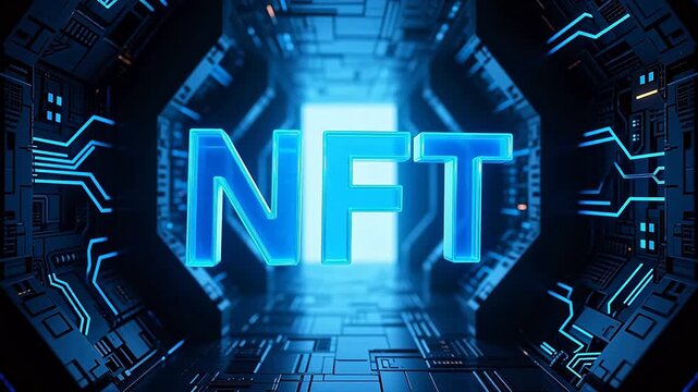 Glowing blue nft in digital tunnel