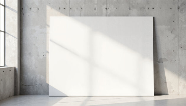 Modernes minimalistisches Studio-Interieur mit einem gro&szlig;en wei&szlig;en Paneel, das an einer rohen Betonwand lehnt, in einem hellen Raum mit nat&uuml;rlichem Lichtfall durch gro&szlig;e Fenster auf einem Sichtbetonbo