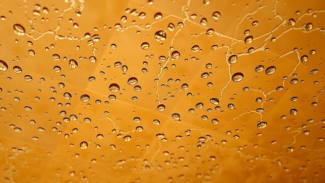 Water droplets tracing paths on a warm mosaic tile ceiling, patterns of light and moisture.