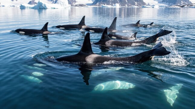 Group of killer whales traveling together near icy coastline with fins breaking surface, pod movement in cold polar waters with reflections and visible underwater shapes