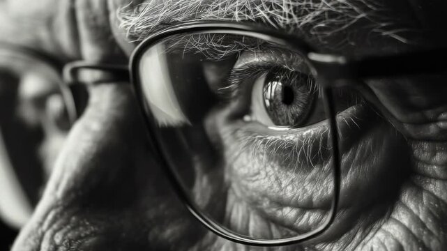 Close-up of a person's face wearing glasses, focusing on the details of their skin and the frames of their glasses. The appears slightly out of focus with a shallow depth of field.