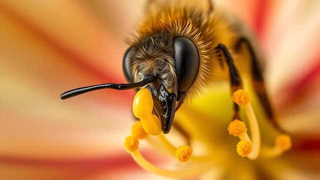 Close-up of a bee's proboscis inserted into the center of a flower's stamen.