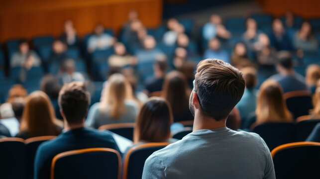 A group of people attending a conference. The audience is seated, with a focus on a young Caucasian man with short brown hair. The setting is a large auditorium.