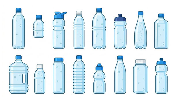 Cartoon Empty Plastic Water Bottles Collection Vector Set on White Background