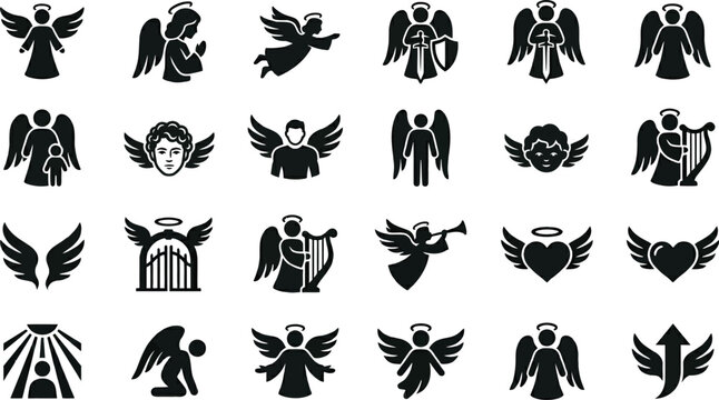 Set of angel icons with different poses and symbols
