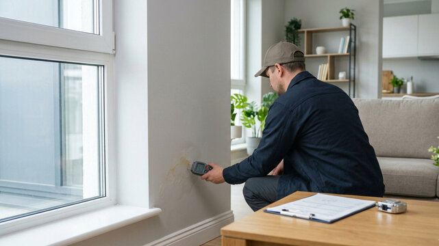Home inspector checking moisture damage on wall
