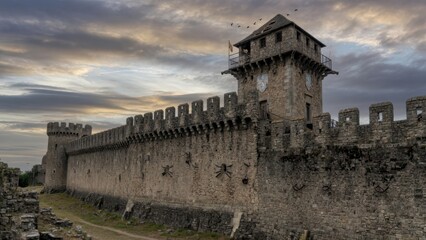 Fototapeta premium An ancient medieval stone castle fortification featuring a tall defensive tower and high parapets under a colorful dramatic stormy sunset sky with a flock of birds drifting across the horizon at