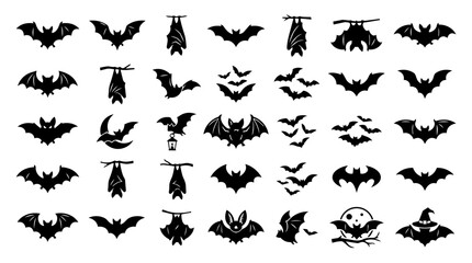 Fototapeta premium Halloween bat silhouettes collection flying hanging spooky icons