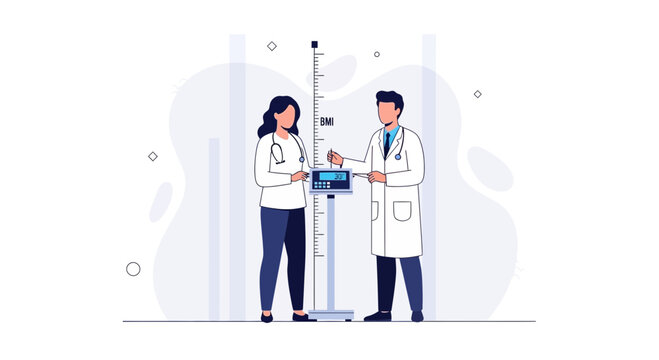 Doctors measuring patient height and weight on BMI scale in modern clinic illustration