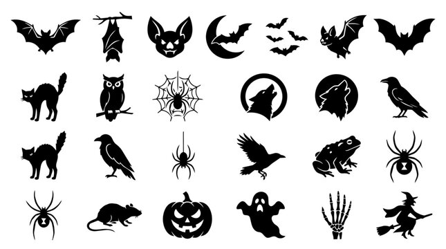 Halloween spooky animals and symbols flat vector set