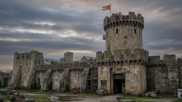Ancient stone fortress featuring a massive circular tower and fortified walls standing under a moody sunset sky with a hanging cage near the gatehouse entrance in a historic medieval landscape se