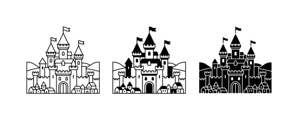 Fairytale Castle Icons: Silhouette, Outline, and Filled Vector Graphics for Fantasy and Royalty Themes © Forhad