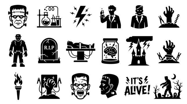 Frankenstein Monster and Horror Laboratory Vector Icons