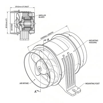 Technical Line Drawing of 4 Inch Inline Marine Bilge Blower Cross Section with Engineering Dimensions