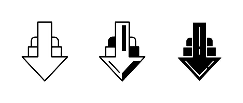 Downward Arrow Icons, Set of 3 Vector Graphics for Decline and Decrease Concepts
