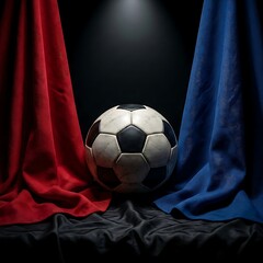 Naklejka premium soccer ball between red and blue curtains spotlight