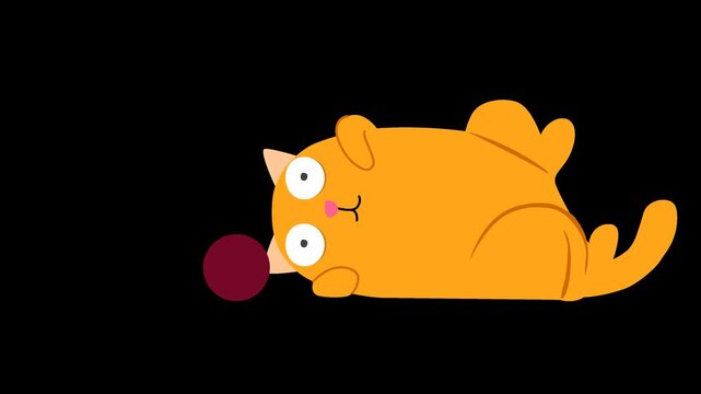 Funny Cartoon Orange Cat Playing with Ball while Lying Down Animated 4K Motion Graphic on Transparent Background