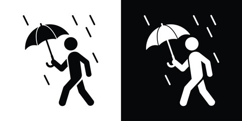 Person walking in the rain with an umbrella icon vector. Rainy weather stick figure symbol set in b&w. © bibin