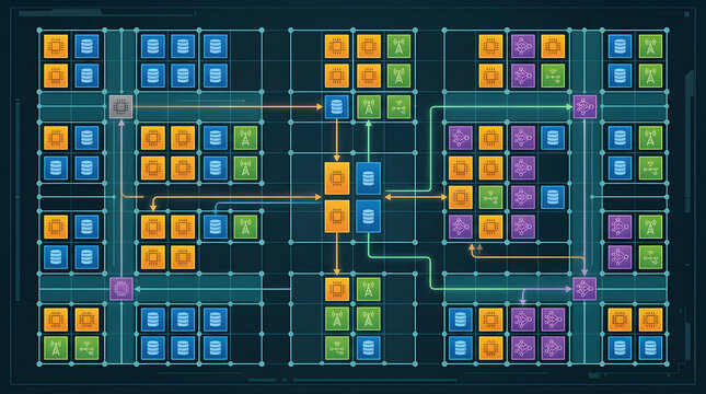Abstract technology network diagram representing cloud computing infrastructure and data flow visualization