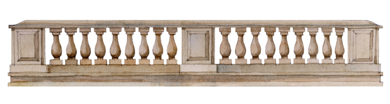 Watercolor illustration of a classic stone architectural balustrade railing, isolated on white or transparent background