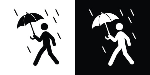 Person walking in the rain with an umbrella icon vector. Rainy weather stick figure symbol set in b&w. © bibin