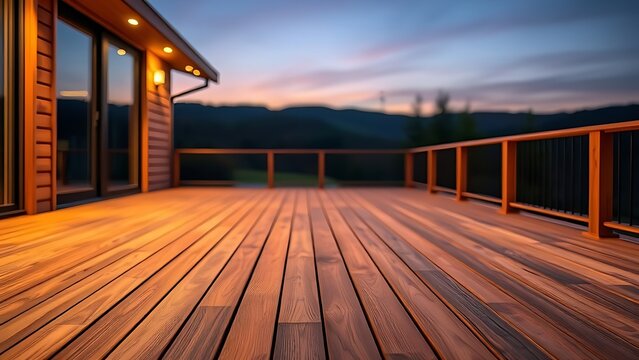 Beautiful wooden deck installation at dusk, featuring natural timber texture.