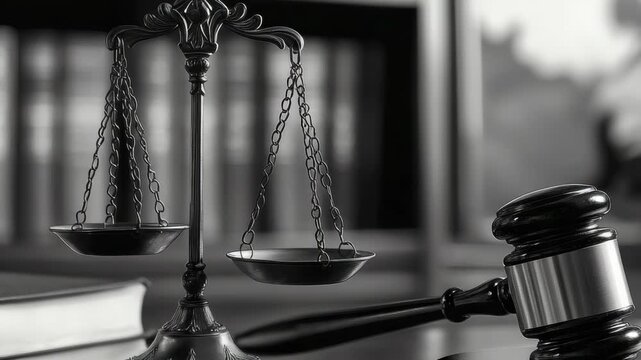 A symbol of a courtroom setting with a black and silver scale on the judge's bench, signifying the concept of justice and balance.